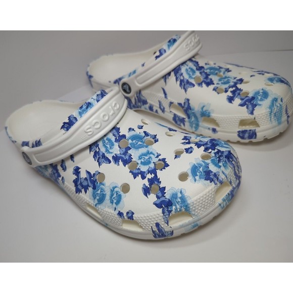 Crocs Men Size 12 Women 14 White Hawaiian Blue Flower Floral Graphic Clog 206376 - Picture 3 of 14
